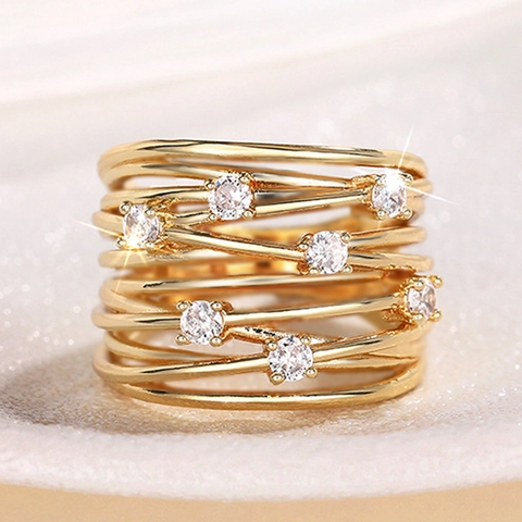Wide Band Multi-Layer Winding Ring Copper With Clear Zircon Inlaid Elegant Fashion Jewelry For Women