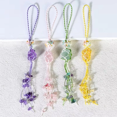 Ornamento Appeso Intrecciato A Mano In Pietra Naturale Ametista Quarzo Rosa Pendente Con Nappa Decoro Auto Borsa Boho