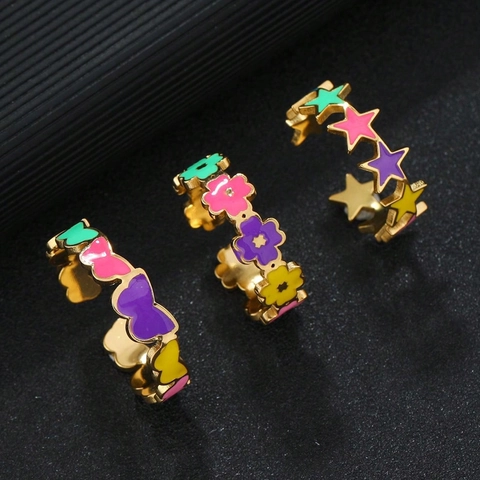 Bagues Ouvertes En Émail Coloré Acier Inoxydable Plaqué Or Papillon Étoile Fleur Réglable Dopamine Bijoux Mode Femmes