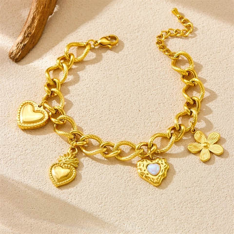 Gold Plated Stainless Steel Chunky Chain Bracelet With Heart And Flower Pendants Vintage Trendy Jewelry For Women