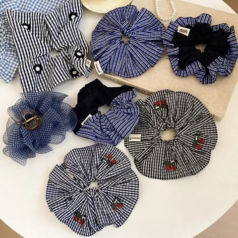 Korean Plaid Gingham Hair Scrunchies And Claw Clip Fabric Cherry Embroidery Artificial Pearl Decor Women Hair Accessories
