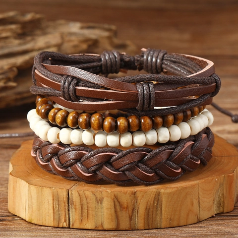 Vintage Herren Lederarmband Mehrlagig Handgewebt Holzperlen Wachskordel Verstellbar Boho Ethnisch Armreif Schmuck Geschenk
