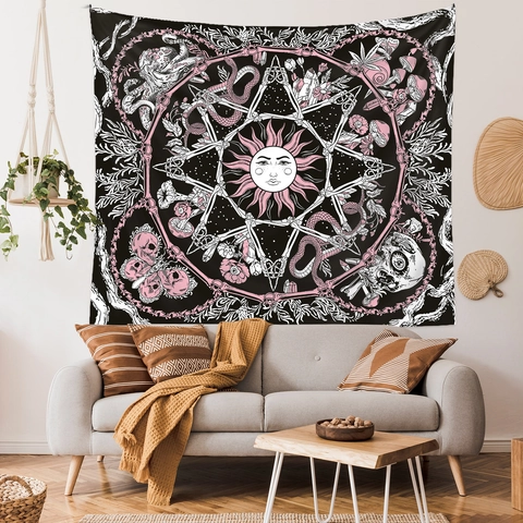 Arazzo Da Parete Fungo Teschio Sole Serpente Poliestere Gotico Mistero Boemo Rosa Nero Bianco Decorazione Casa