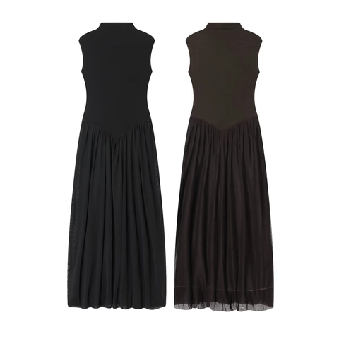 Vestito Lungo Senza Maniche Con Collo Alto E Inserto In Mesh Elegante Abito Da Sera Aderente In Tulle Per Donna