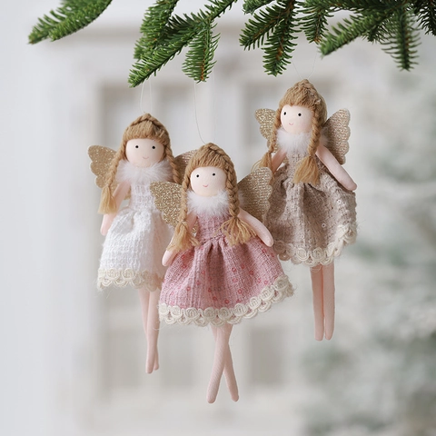 Bambola Angelo Peluche Ornamenti Appesi Pizzo Tessuto Paillettes Ali Treccia Capelli Decorazioni Albero Di Natale Regalo Festa