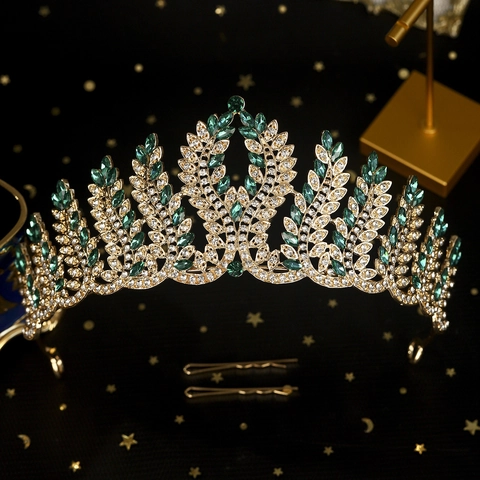 Corona Da Sposa Barocca Tiara Da Donna Matrimonio Concorso Lega Vintage Strass Design Foglia Oro Copricapo