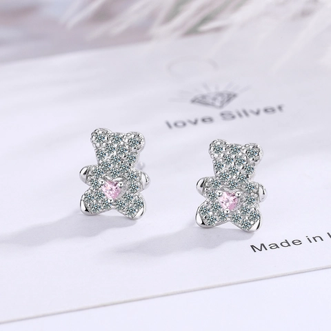 Cute Bear Stud Earrings With Silver Earring Post Copper Pink Heart Zircon Pave Rhinestone Animal Jewelry For Women