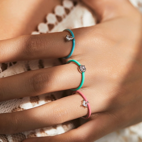 925 Sterlingsilber Bonbonfarben Emaille Ring Für Damen Süß Geometrisch Strass Eingelegt Stapelbar Fingerring Schmuck