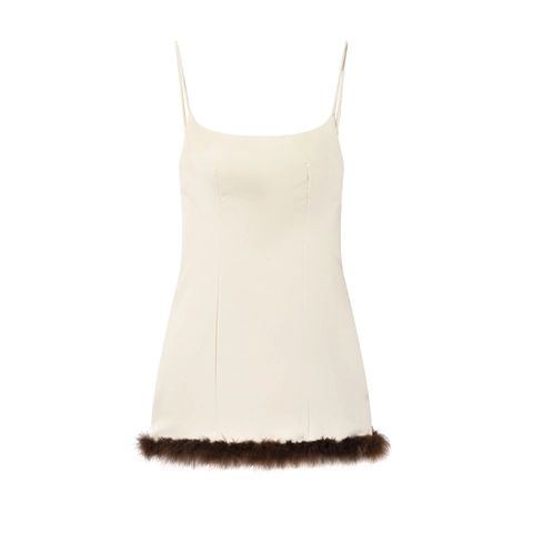 Robe Mini À Bretelles Pour Femmes Avec Bordure En Plumes Texture Satinée Sans Manches Sexy Fête Style Célébrité