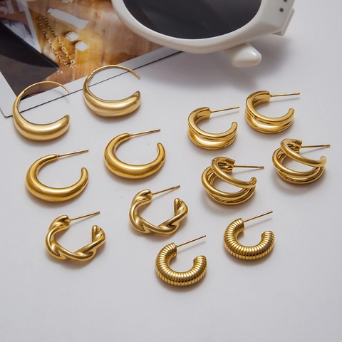 Orecchini A Cerchio In Acciaio Inossidabile A Forma Di C Multistrato Cavi Geometrici Impermeabili Ipoallergenici Placcati Oro 14K Per Donne