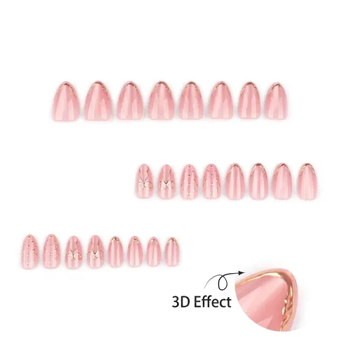 Faux Ongles Amande Rose Nu Avec Nœuds Dorés 3D Et Pois Ongles Français Élégants Pour Femmes