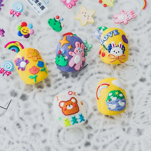 Nail Art Stickers 5D Embossed Adhesive Back Cartoon Bear Rabbit Rainbow Designs For DIY Manicure Pretty Lovely Colorful