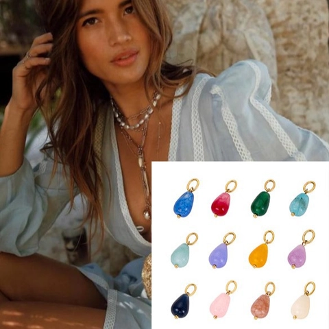 Waterdrop Natural Stone Pendants Stainless Steel Charms For DIY Jewelry Making Pear Shape Gemstone Accessories