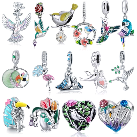 Bird Charms 925 Sterling Silver Enamel Zircon Nature Parrot Hummingbird For DIY Bracelet Making Jewelry