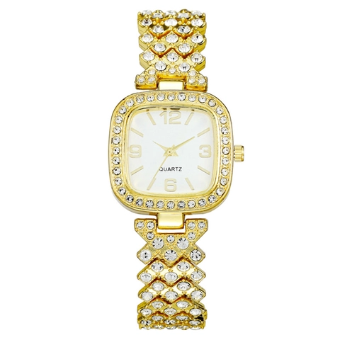 Montre Quartz Pour Femme Cadran Carré Incrusté De Strass Cristal Bracelet Métallique Élégant Fermoir Bijoux Montre Bracelet