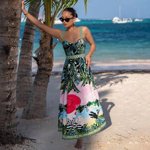 Costume Da Bagno Intero E Gonna Ad A Da Donna Stampa Foglie Di Palma Tropicali Vacanze Mare Nylon Lusso