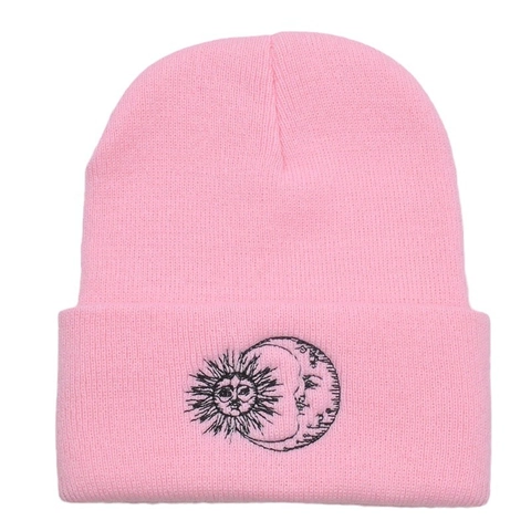 Sun Moon Embroidery Knitted Beanie Acrylic Warm Cuffed Winter Hat For Men Women Outdoor