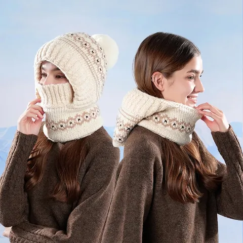 Cagoule En Tricot Pour Femmes Doublée En Polaire Masque Thermique Cache-cou Intégré Coupe-vent Jacquard Pom Pom