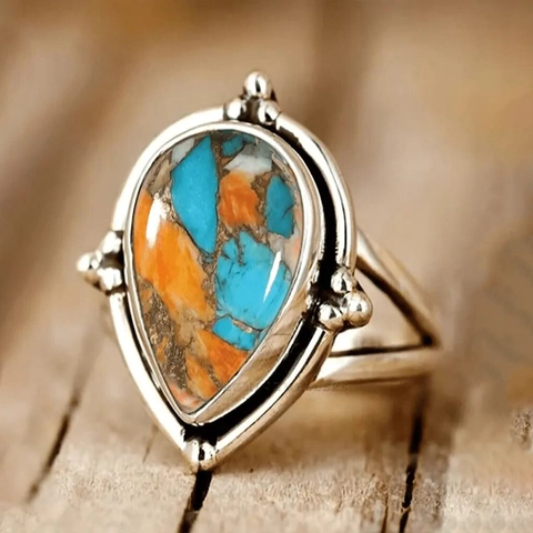 Bague Goutte D'eau Vintage Cuivre Finition Argent Antique Style Bohème Ethnique Forme Poire Pierre Opale Femmes