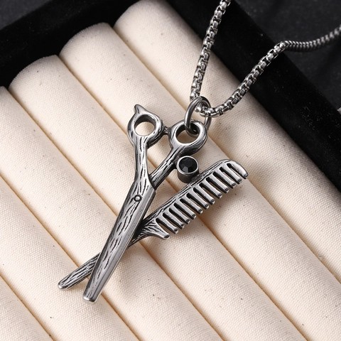 Schere Kamm Anhänger Halskette Edelstahl Hip Hop Punk Gothic Rock Schmuck Für Männer Geburtstagsgeschenk Accessoire