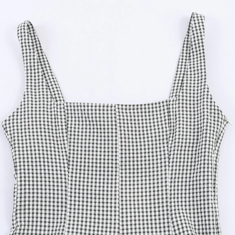 Vestito Maxi A Quadri Stile Francese Senza Maniche Poliestere Scollo Quadrato Vita Sottile Gingham Spiaggia Vacanze Donna