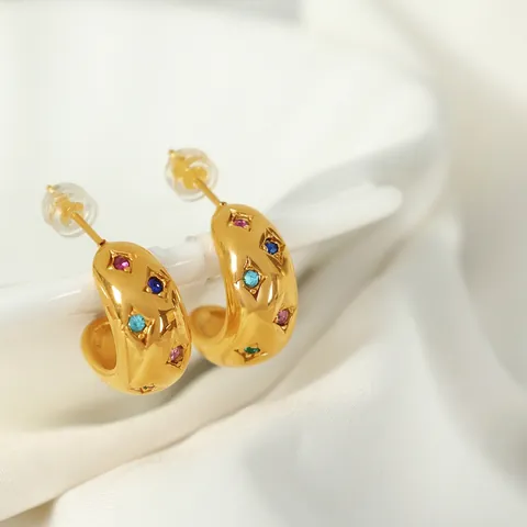 Luxus Titanium Stahl Bunte Strass C-Form Ohrstecker Für Damen Retro Vergoldet Stern Inlay Klobige Creolen Schmuck