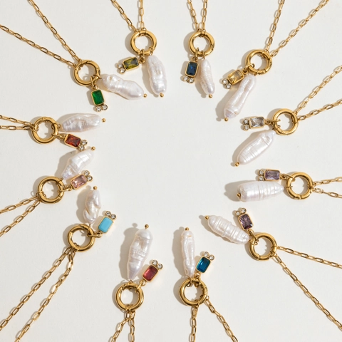 18K Vergoldet Edelstahl Barock Süßwasserperle Farbiger Edelstein Anhänger Halskette Vintage Luxus Geburtsstein Schmuck Geschenk Damen