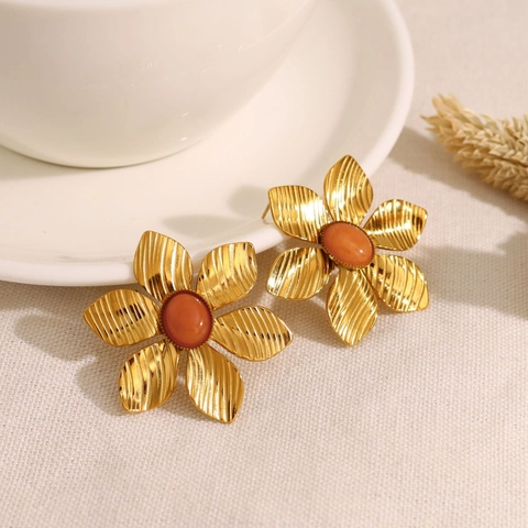 Orecchini Fiore Vintage Acciaio Inossidabile Oro 18K Con Topazio Arancione Stile Francese Donna