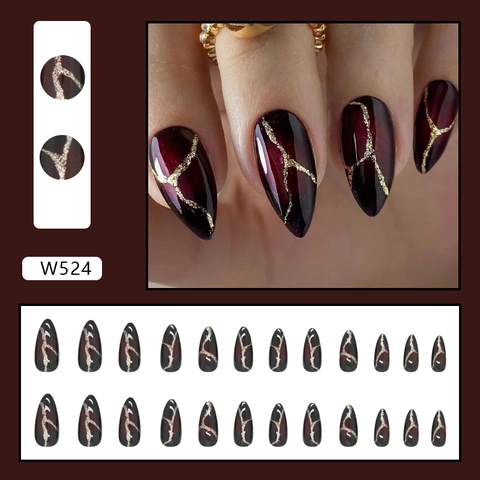 Unghie Finte Mandorla Gradiente Marmo Rosso Scuro Nero Con Glitter Oro Manicure Stiletto Lungo Elegante Per Donne Ragazze Chic