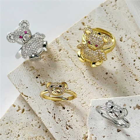 Süßer Bär Ring aus Kupfer für Damen Verstellbares Design mit Zirkonia-Einlage Gold Silber Galvanisiert Schmuck Geschenk