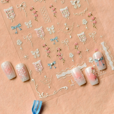 Autocollants Art Des Ongles Relief 5D Dentelle Romantique Française Fleur Rose Noeud Autocollants Auto Adhésifs Manucure Mariage