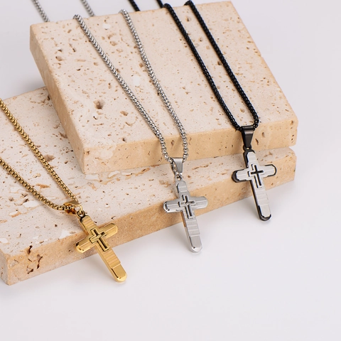 Collar Con Colgante De Cruz De Capas Múltiples Texturizado Acero Inoxidable 304 Joyería Estilo Hip Hop Religioso