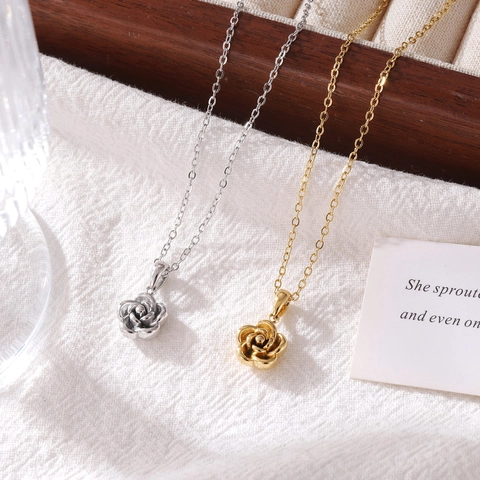 Collar con Colgante de Rosa de Acero Inoxidable Sencillo Elegante Gargantilla de Flor Chapado en Oro Plata Joyería para Mujer
