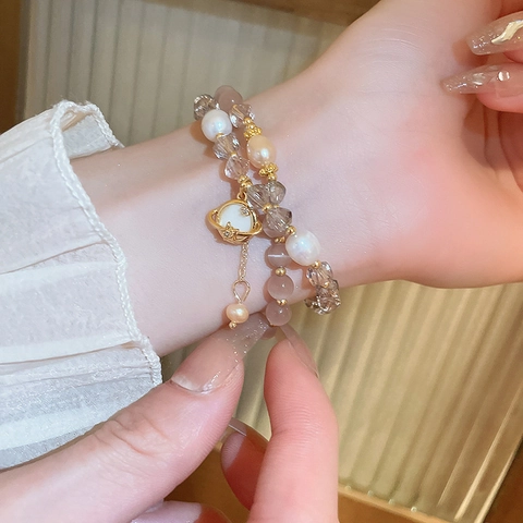 Double-Layer Beaded Bracelet With Freshwater Pearl Cat Eye Stone Crystal Saturn Planet Star Pendant Elegant Jewelry Women