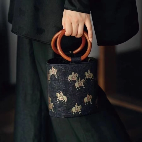Borsa A Secchiello In Broccato Di Raso In Stile Cinese Retrò Con Manici Circolari In Legno Motivo Cavallo Dinastia Tang