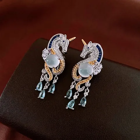 Orecchini Pendenti Unicorno Rame Con Zirconi E Perno In Argento Ciondoli Goccia Acqua Mitici Per Donne