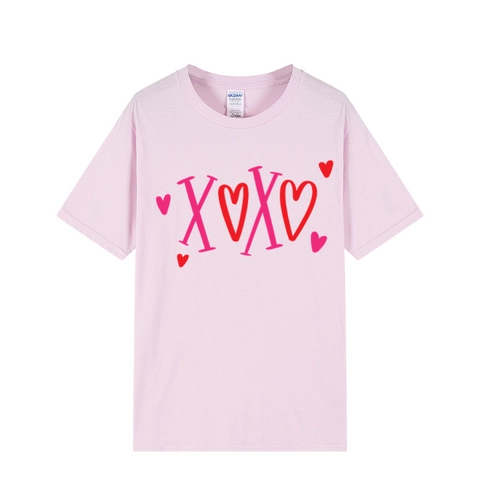 Valentine Day Heart XOXO Printed T-Shirt Breathable Cotton Short Sleeve Crew Neck Casual Top For Couples