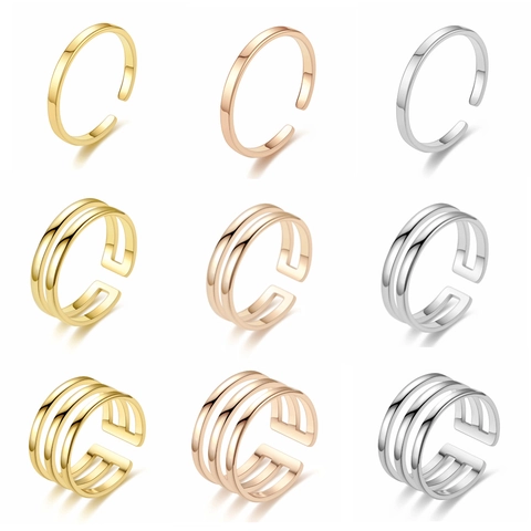 Minimalist Stainless Steel Open Adjustable Rings Multi Layer Parallel Lines Geometric Band Jewelry For Women Men