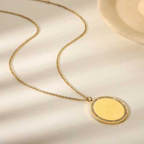 Collana Con Ciondolo In Acciaio Inossidabile Placcato Oro 18K Strass Ovale Geometrico Liscia Scintillante Minimalista Elegante Donna