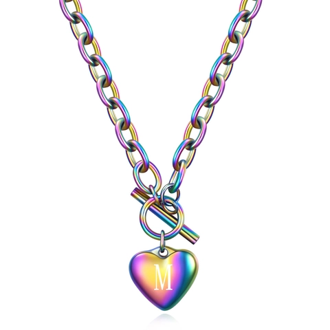 Collana Con Pendente Lettera Cuore Arcobaleno Acciaio Inossidabile 304 Chiusura A Commutazione Catena Grossa Gioielli