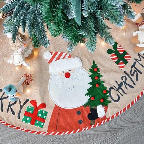 Jupe De Sapin De Noël Lin Tissu Non Tissé Motif Père Noël Bonhomme De Neige Bordure À Carreaux Décoration De Fête Maison Base Ronde