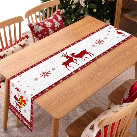 Christmas Table Runner Polyester Santa Claus Reindeer Plaid Snowflake Merry Christmas Festive Holiday Dining Decor