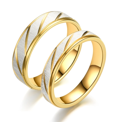 European American Fashion Stainless Steel Couple Rings Gold Silver Two Tone Diagonal Line Textured Brushed Band Ring Jewelry