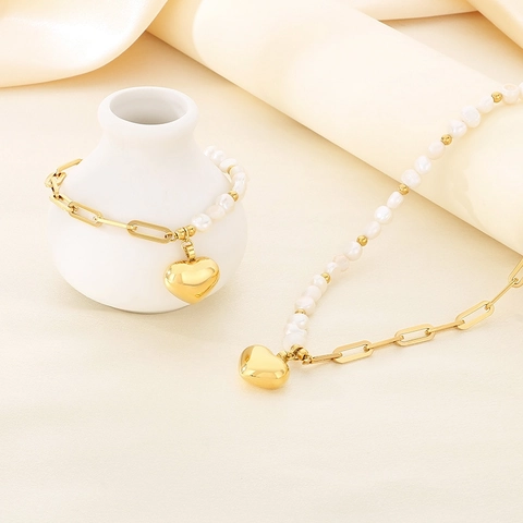 Collana E Bracciale Con Ciondolo A Cuore In Acciaio Inossidabile Con Perla Artificial Barocca Catena A Graffetta Per Donna