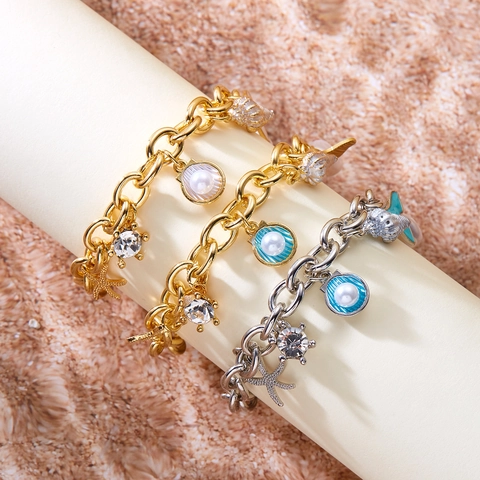 Ozean-Stil Legierung Seestern Schnecke Künstliche Perle Strass Halskette Armband Set Für Damen Strand Urlaub Modeschmuck
