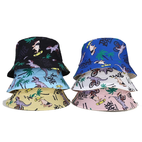 Kids Bucket Hat Cotton Polyester Sun Protection Breathable Cartoon Dinosaur Shark Print Outdoor Cap For Toddler Boys Girls