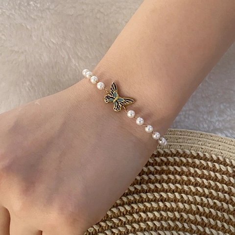 Collana Con Pendente A Farfalla Acciaio Inossidabile Imitazione Perla Artificial Smalto Nappa Gioielli Di Moda Eleganti Da Donna