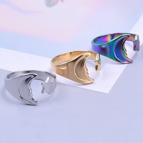 Stainless Steel Moon Star Open Ring Adjustable Celestial Polished Jewelry For Women Men Minimalist Retro Style