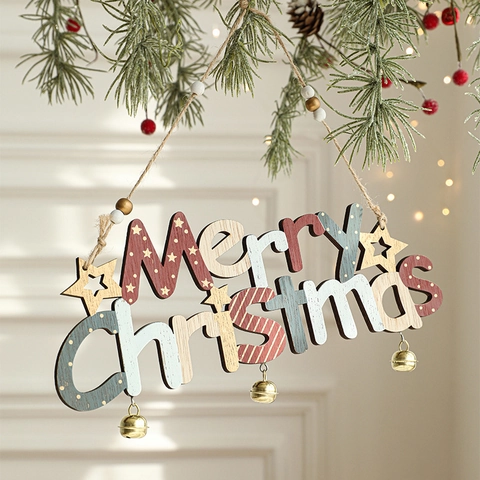 Decorazione Natalizia Da Appendere Scritta In Legno Merry Christmas Con Campanellini In Metallo Corda Di Juta Per Albero