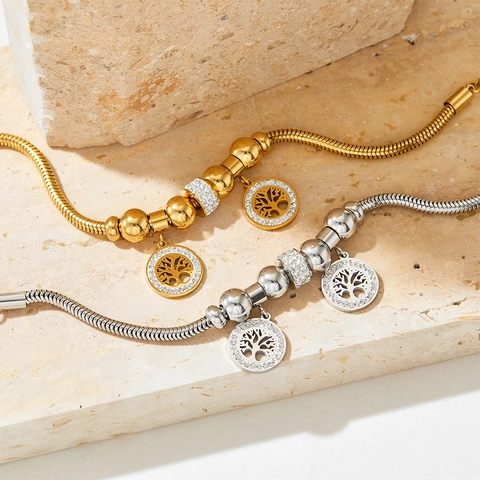 Tree Of Life Charm Bracelet Stainless Steel Rhinestone Snake Chain Adjustable Fashion Jewelry Women